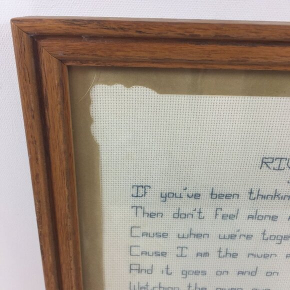 Vintage Handmade Cross Stitch River Song July 25-30 1983 Poem Wood Frame 12"x15" - Picture 2 of 8